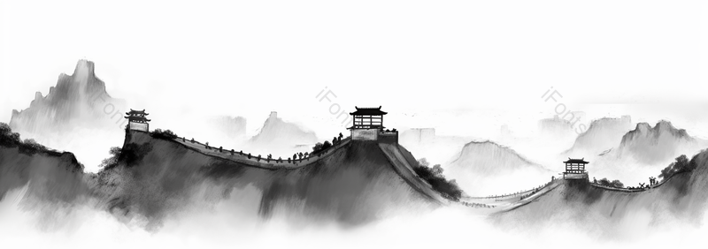 山顶长城房子黑色水墨中国风背景,插画/手绘图,插画/手绘图库,插画/手绘图下载,插画/手绘